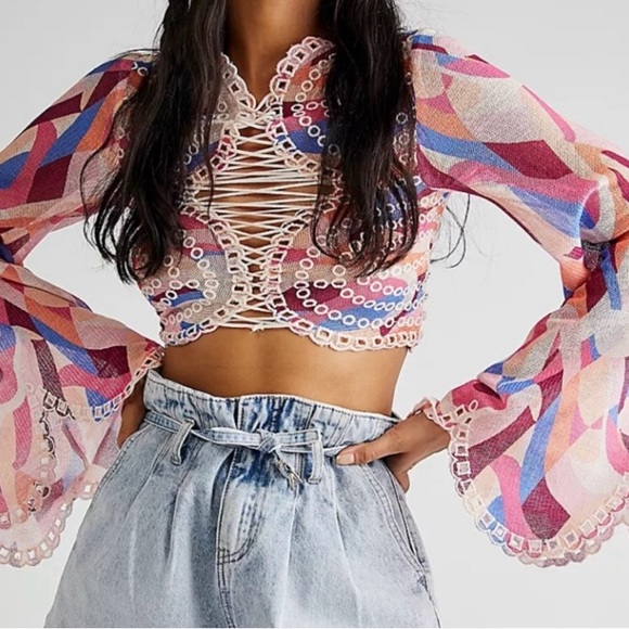 Free People Tops - Free People Multicolor “Eyes on You” Lace-Up Crop Top